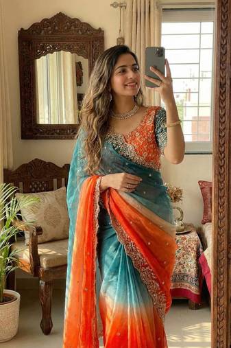 Orange Color embroidery sequence work sartin  Saree
