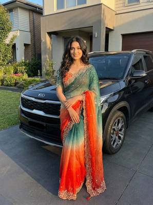 Orange Color embroidery sequence work sartin  Saree 2