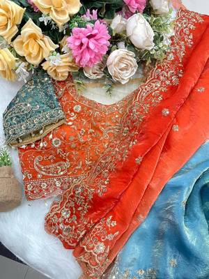 Orange Color embroidery sequence work sartin  Saree 3