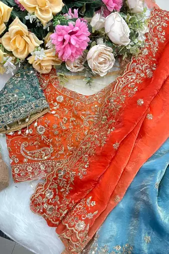 Orange Color embroidery sequence work sartin  Saree