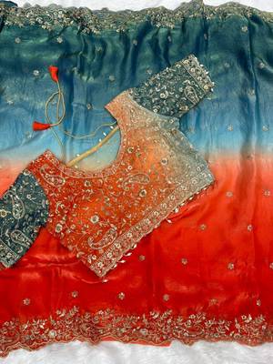 Orange Color embroidery sequence work sartin  Saree 4