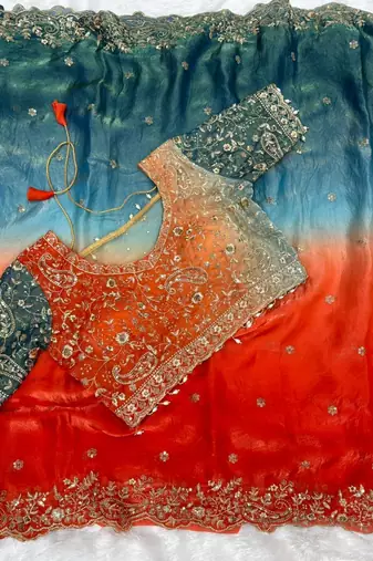 Orange Color embroidery sequence work sartin  Saree