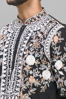 black embroidered silk men’s kurta patiala set 2