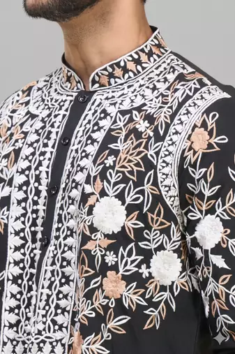 black embroidered silk men’s kurta patiala set