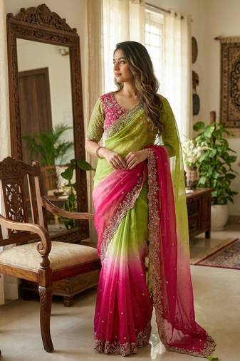 Pink Color embroidery sequence work sartin  Saree