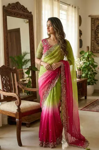 Pink Color embroidery sequence work sartin  Saree