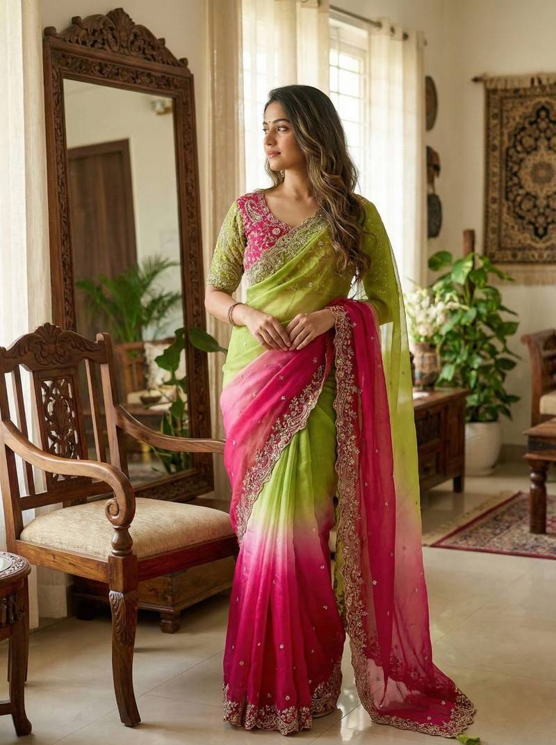 Pink Color embroidery sequence work sartin  Saree