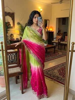 Pink Color embroidery sequence work sartin  Saree 2
