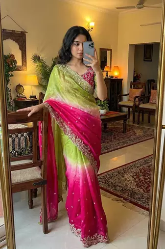 Pink Color embroidery sequence work sartin  Saree