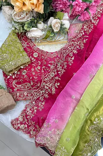 Pink Color embroidery sequence work sartin  Saree