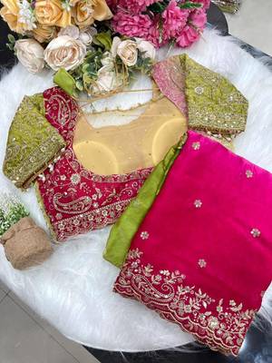 Pink Color embroidery sequence work sartin  Saree 5