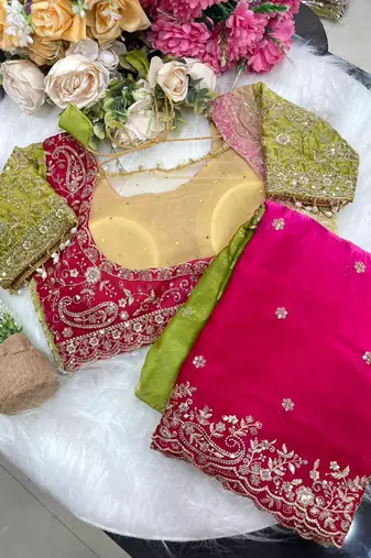 Pink Color embroidery sequence work sartin  Saree