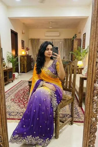 Purple Color embroidery sequence work sartin  Saree