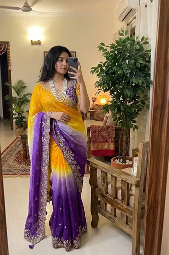 Purple Color embroidery sequence work sartin  Saree