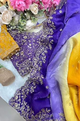 Purple Color embroidery sequence work sartin  Saree