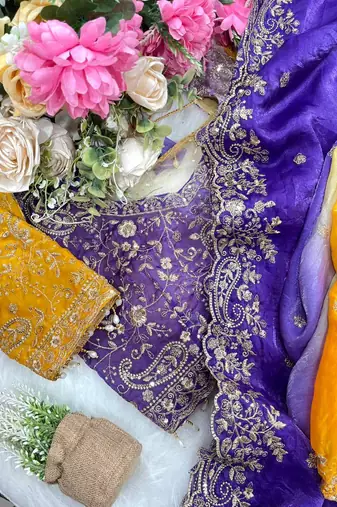 Purple Color embroidery sequence work sartin  Saree