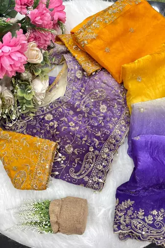 Purple Color embroidery sequence work sartin  Saree