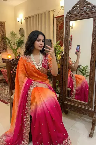 Rani Pink Color embroidery sequence work sartin  Saree