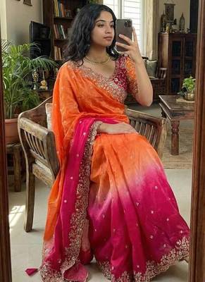 Rani Pink Color embroidery sequence work sartin  Saree 1