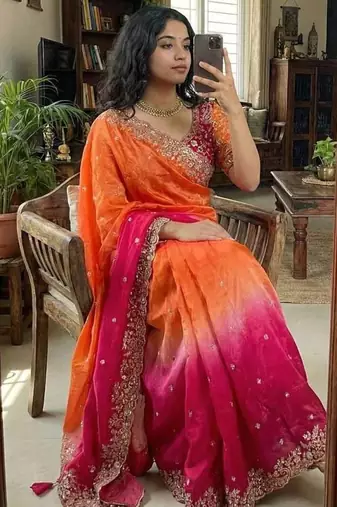 Rani Pink Color embroidery sequence work sartin  Saree
