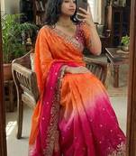 Rani Pink Color embroidery sequence work sartin  Saree