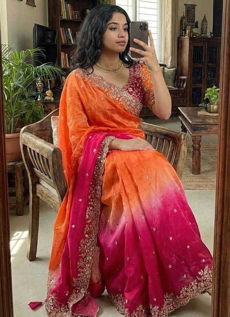 Rani Pink Color embroidery sequence work sartin  Saree