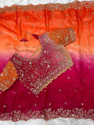 Rani Pink Color embroidery sequence work sartin  Saree 3