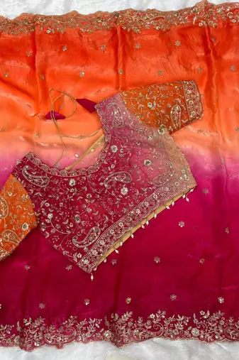 Rani Pink Color embroidery sequence work sartin  Saree