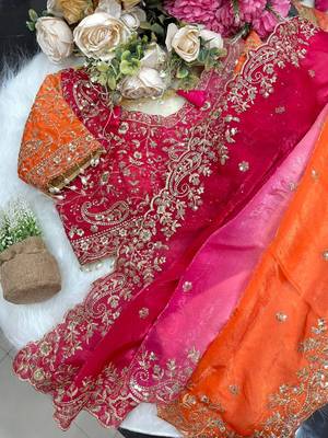 Rani Pink Color embroidery sequence work sartin  Saree 4