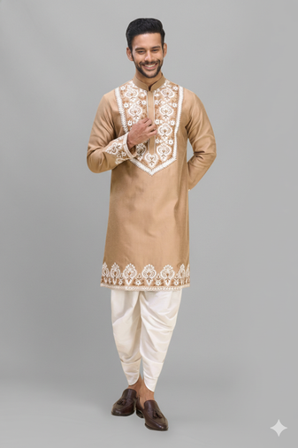 beige embroidered silk men’s kurta patiala set