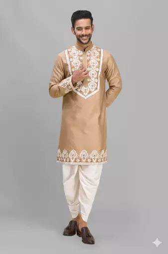 beige embroidered silk men’s kurta patiala set