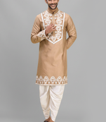 beige embroidered silk men’s kurta patiala set