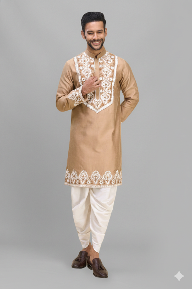 beige embroidered silk men’s kurta patiala set