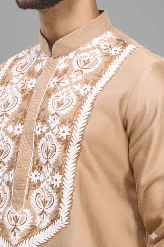 beige embroidered silk men’s kurta patiala set