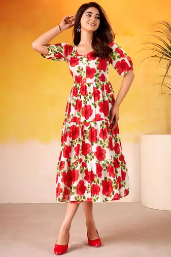 Lovable Red Floral Printed Silk Office Wear Dress