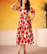 Lovable Red Floral Printed Silk Office Wear Dress