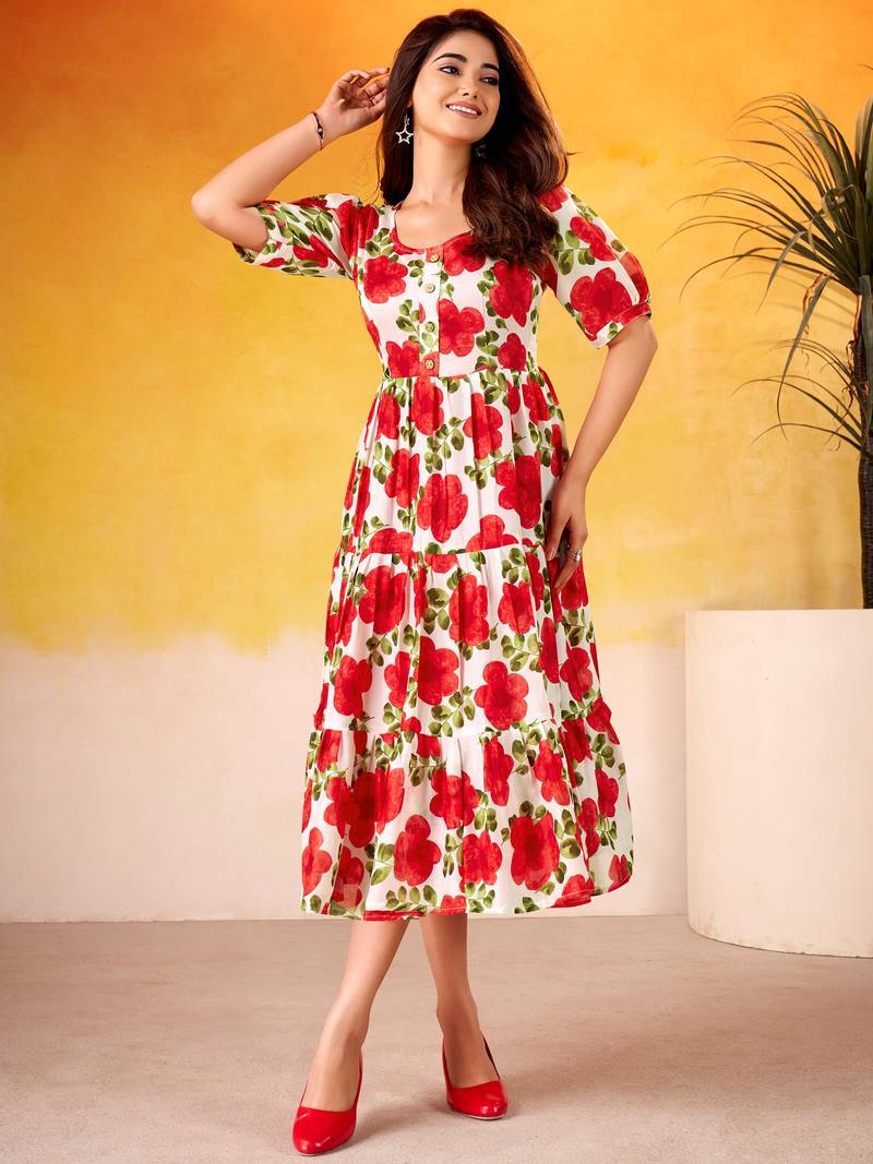 Lovable Red Floral Printed Silk Office Wear Dress