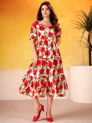Lovable Red Floral Printed Silk Office Wear Dress 3
