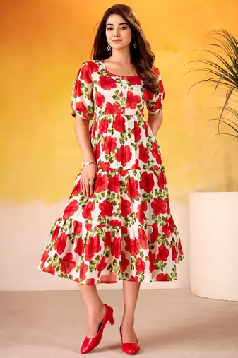 Lovable Red Floral Printed Silk Office Wear Dress