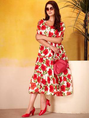 Lovable Red Floral Printed Silk Office Wear Dress 4