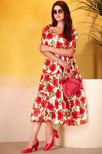 Lovable Red Floral Printed Silk Office Wear Dress