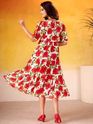Lovable Red Floral Printed Silk Office Wear Dress 5