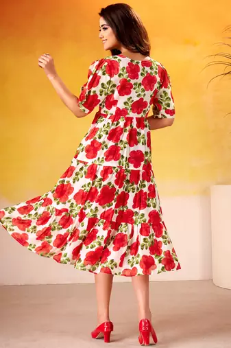 Lovable Red Floral Printed Silk Office Wear Dress