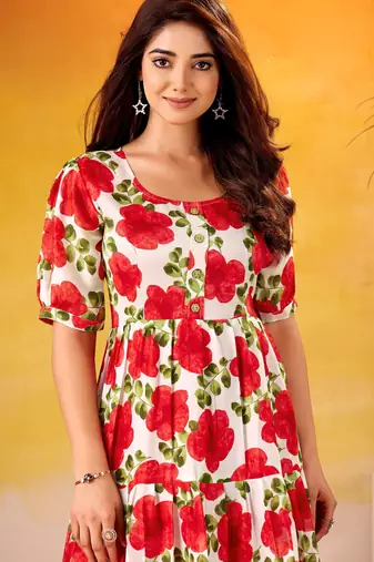 Lovable Red Floral Printed Silk Office Wear Dress