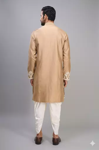 beige embroidered silk men’s kurta patiala set