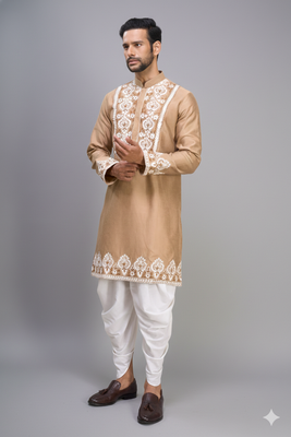 beige embroidered silk men’s kurta patiala set 4