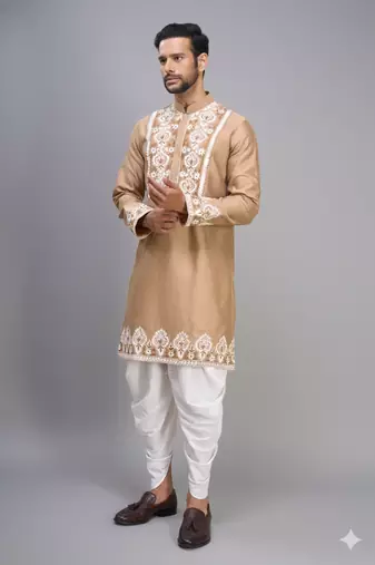 beige embroidered silk men’s kurta patiala set