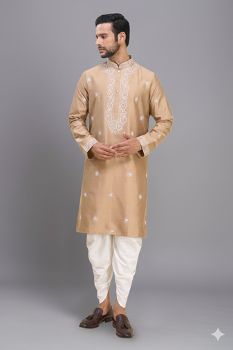 fawn embroidered silk men’s kurta patiala set