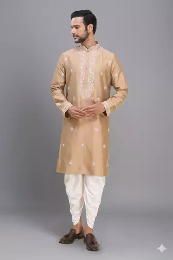 fawn embroidered silk men’s kurta patiala set