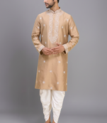 fawn embroidered silk men’s kurta patiala set